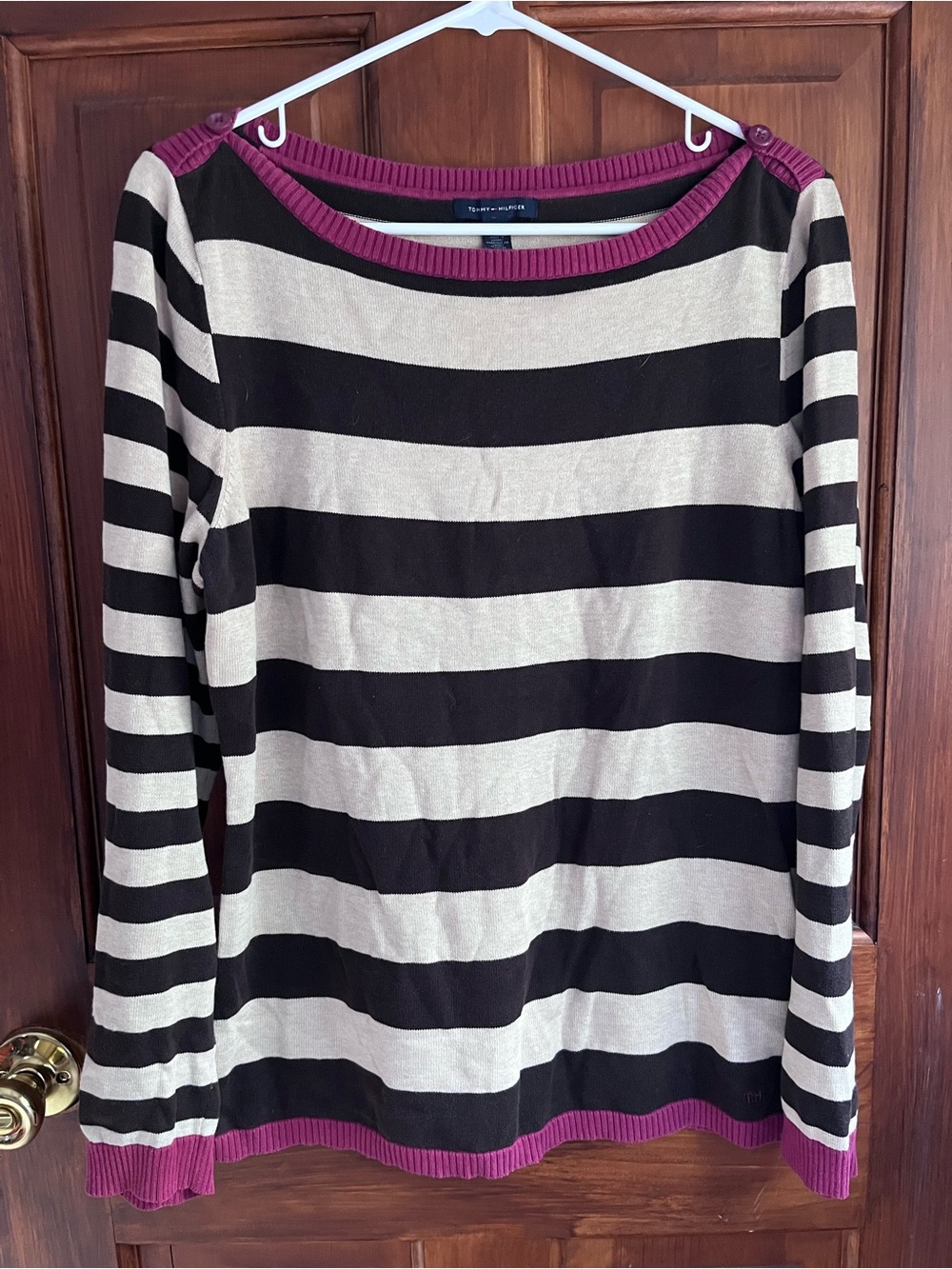 Tommy Hilfiger Brown & Cream Striped Crewneck Sweater with Magenta Trim